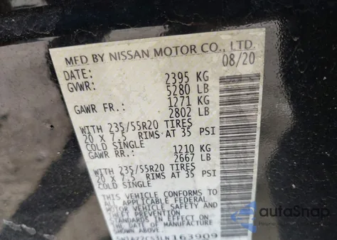 2020 Nissan Murano Sl Intelligent Awd from USA, damaged, VIN 5N1AZ2CS3LN163909